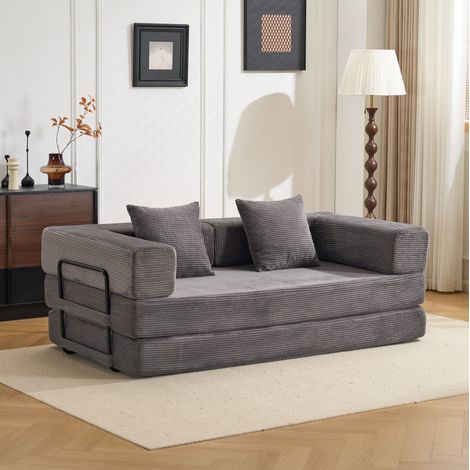 Canapé convertible de sol futon 2 places en velours côtelé gris foncé, pliable avec dossier et accoudoirs, lit d’appoint pour salon, chambre  CHICFURN (1/5)