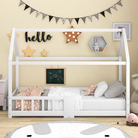 Cama infantil tipo casita 90x200 cm blanca de madera maciza con pizarra y barrera anticaídas (1/5)