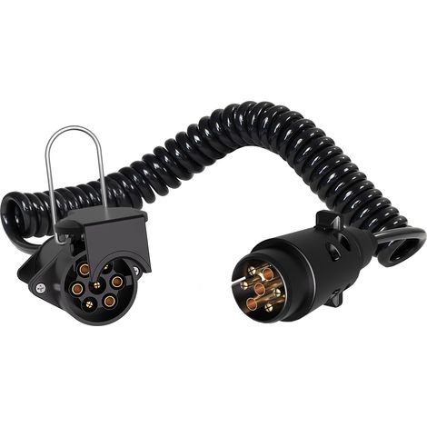 Wiltec Cable alargador en espiral de 3 metros con conector y enchufe de 7 polos en para remolques y caravanas, recubierto de PVC resistente a la intemperie para autocaravanas, caravanas y remolques