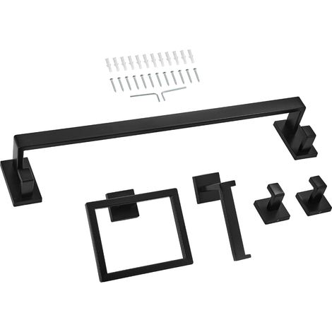 Mophorn Badezimmer Zubehör Set aus Edelstahl (5-teilig) mit Handtuchstange, Handtuchhalter (quadratischer Ring), 2 Haken und Toilettenpapierhalter, für Wandmontage im Badezimmer, Schwarz