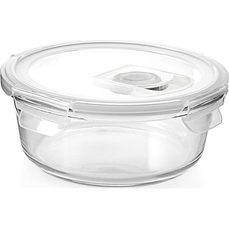 Récipient en verre rond avec couvercle et valve - 390 ml - Diamètre 14 cm - Pour four (sans couvercle), micro-ondes, lave-vaisselle - Avec joint en silicone hermétique