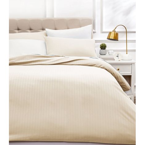 Parure de Lit 2 Personnes 3 Pièces en Microfibre, Housse de Couette 200 x 200 cm et 2 Taies d'oreiller 50 x 80 cm, Beige Rayé (1/5)