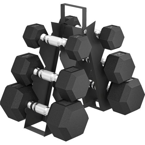 Set di Manubri Palestra con Supporto in Metallo con Impugnatura Antiscivolo, 2x2kg, 2x5kg, 2x8kg, Nero