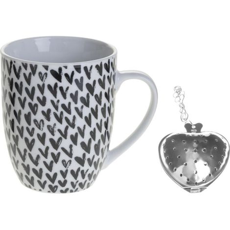 Tasse à thé AMOR, porcelaine, 360 ml, coeurs noirs (1/4)