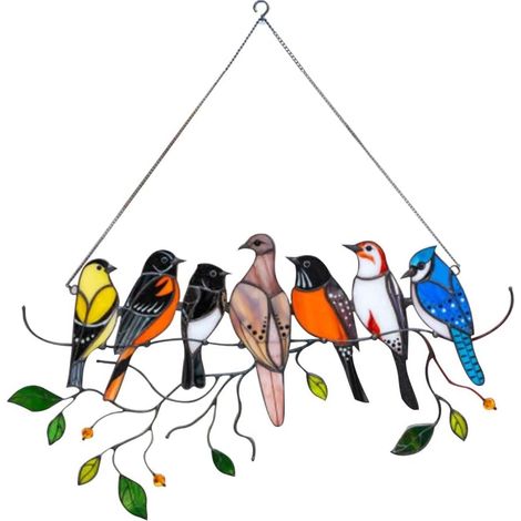Ornements de panneau de fenêtre en plexiglas coloré, oiseaux multicolores sur fil de fer