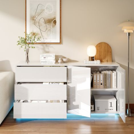 Buffet cuisine blanc 160x35x76 cm, meuble rangement 3 tiroirs 2 portes, éclairage LED, design moderne pour salon et cuisine