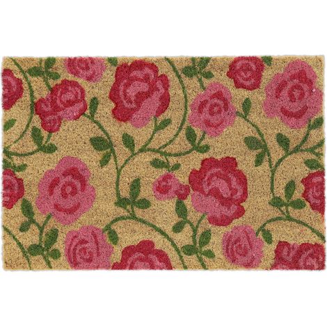 Paillasson Coco, Motif de Roses, Tapis de Porte 40x60 cm, intérieur, extérieur, antidérapant, Rose Vif/Nature (1/5)