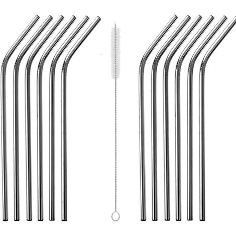 Set 12 Cannucce Acciaio Inox 18/10 Riutilizzabili lunga 21cm CURVA PIEGATA con Scovolino spazzolino per la Pulizia Incluso per Cocktail Bubble Tea Frullati e Accessori Bar Professionali (1/5)