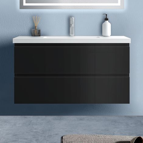 Badezimmer 100cm Waschtisch mit Unterschrank Badmöbel Set mit keramik-Waschbecken Unterschrank Schwarz Hochglanz