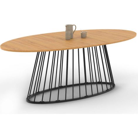 Idmarket – Table à manger ovale 10 personnes – Plateau bois 200 cm – Pied filaire métal noir – Design industriel chic (1/5)