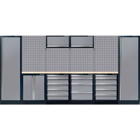 Établi modulable noir/gris en bois – 19 pièces – 2 plateaux 35mm – Charge maximale 300kg – Panneaux perforés pour rangement – King Tony (1/5)
