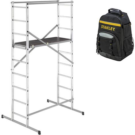 Hailo – Échafaudage domestique 3.66m – Plateau antidérapant 1.30x0.44m – Charge max 600kg – Sac à dos de chantier – 9474901SAC