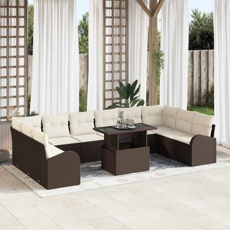 Gartensofa-set mit Kissen mit Speicher 11 pcs Braun Poly Rattan