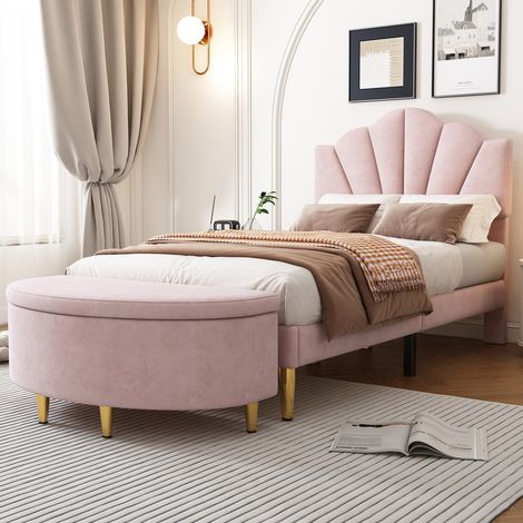 Lit simple 90x200cm en velours avec rembourré tête de lit en forme de coquillage réglable et banquette avec espace de rangement,rose (1/5)