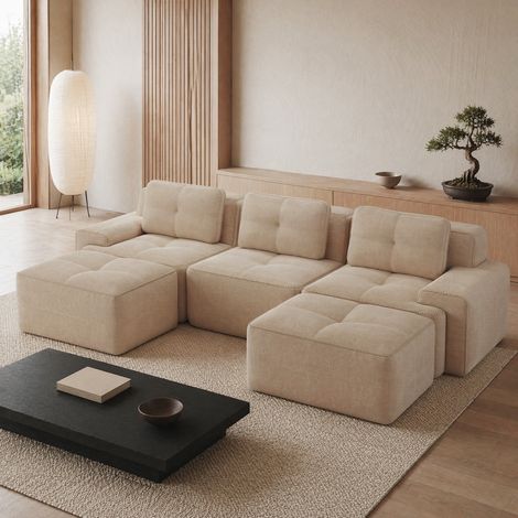 Divano modulare a U con ottomana, tessuto effetto velluto a coste, beige, 293 x 177 x 69 cm, OKWISH (1/5)