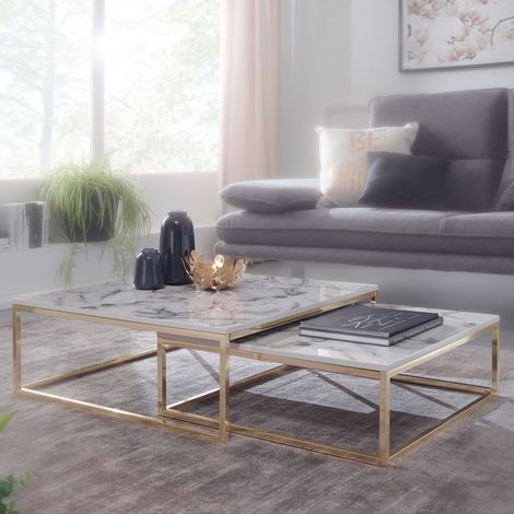 Lot de 2 tables basses 75 et 65 cm aspect marbre blanc et acier doré (1/5)