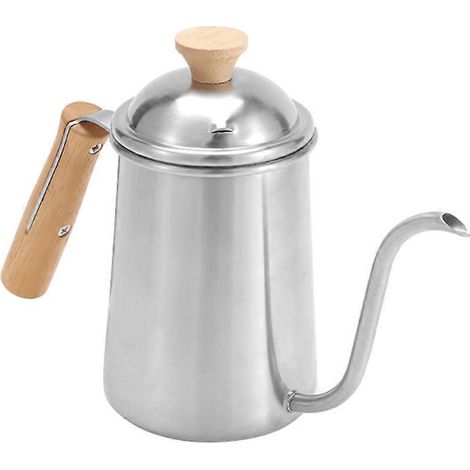 Bouilloire à café filtre en acier inoxydable à col de cygne avec poignée ergonomique en bois.