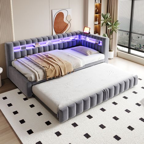 Lit capitonné, canapé-lit extensible 90 x 200 cm, avec éclairage LED, tête de lit et dossier spacieux, motif à rayures classiques, port de chargement USB, tissu velours gris foncé (1/4)