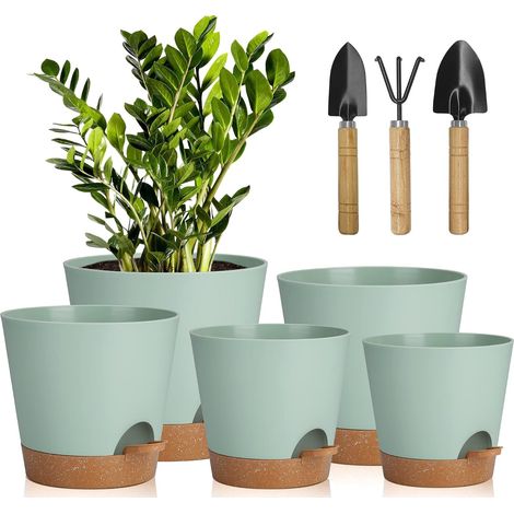 5 Pcs Pots de Fleurs pour Plantes d'Intérieur, Fleurs, Cactus 17.8/16.5/15.2/13.9/12.7cm Pot de Plantes,Auto-Arrosant avec Soucoupe,Convient aux Jardins de Balcon Intérieurs,Vert Marron (1/5)
