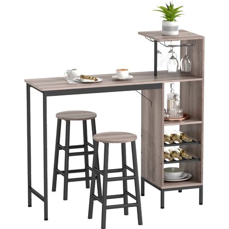 DESMIU Table de salle à manger avec 2 tabourets, rangement pour bouteilles et verres, pour cuisine, gris (1/5)