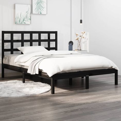 Lit double pour adulte Cadre de lit - Noir Bois massif 140x190 cm BV160707 - BonneVie (1/5)