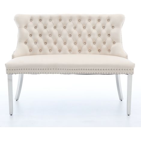 Canapé banquette velours 2 places, assise rembourrée avec boutons artisanaux, dossier aile, pieds acier brossé argenté, style moderne vintage, pack unique, beige, modèle DE1702BG (1/5)