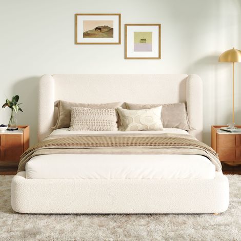 Cama tapizada, cama doble, cama con somier de láminas y cabecero tapizado, bouclé beige, 180 x 200 (1/5)