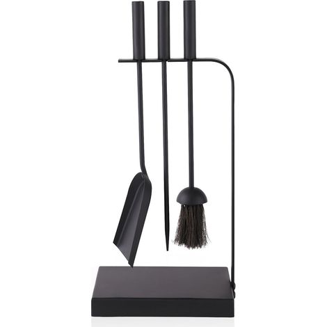 Relaxdays Set da 4 utensili per camino: attizzatoio, paletta, spazzola e pratico supporto, design moderno, nero