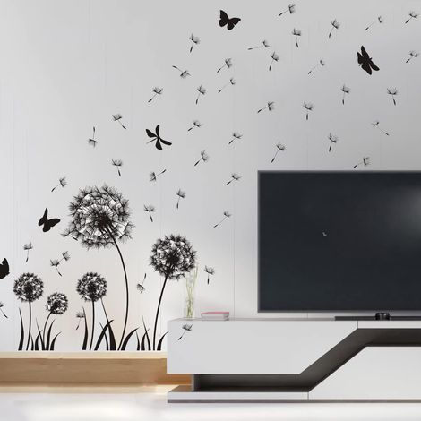 Autocollant mural de pissenlit noir, autocollant mural de fleur de papillon, décoration d'autocollant de mur de fond de TV-1pc (1/5)