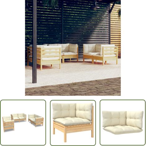 INLIFE Salon de jardin 6 pcs avec coussins crème Bois de pin massif (1/5)