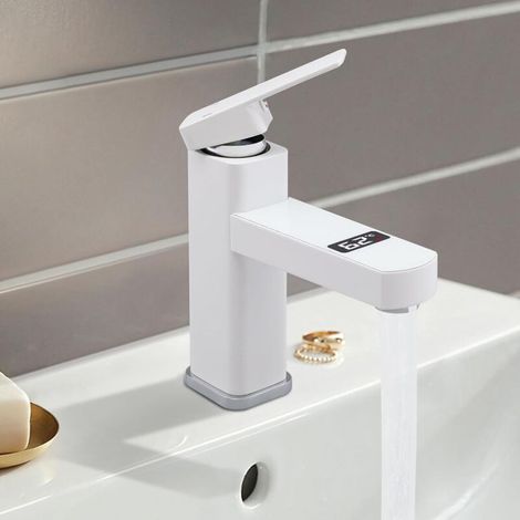 Mitigeur de lavabo G1/2 avec affichage numérique LED de la température - Robinet de salle de bain - Blanc (1/5)
