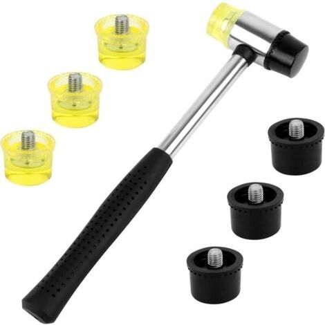1pcs Maillet en Caoutchouc Maillet Double Face Marteau en Caouthouc avec 6pcs Face Remplaçable Poignée en Caoutchouc Antidérapant Noir et Jaune Pour le Bois l’Artisant le Cuir (1/5)