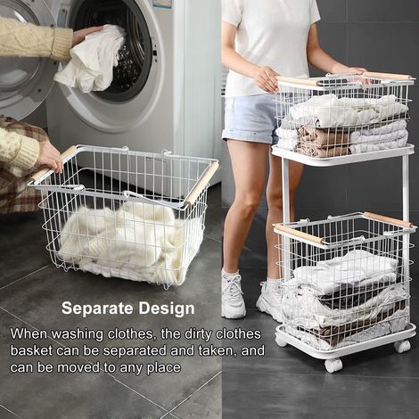 Cesta para ropa de 2 niveles con ruedas metálicas bloqueables, carrito de almacenamiento, cesta con estante, carrito para guardar ropa, estante con cesta extraíble (1/5)