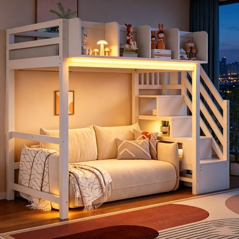 Letto a soppalco 90x200 cm bianco in legno con LED, scala contenitore e ripiani (1/5)