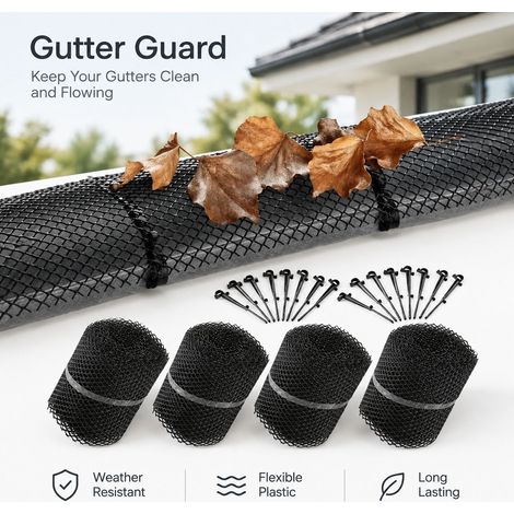 FLITI Gutter Protection Mesh 6m x 16cm Pack of 4 with 60 Fixing Clips Black Plastic (1/5)
