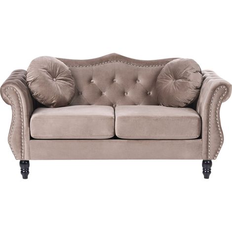 Sofa Taupe Velvet 2 Seater Nailhead Trim Button Tufted Throw Pillows Rolled Arms Glam SKIEN (1/4)