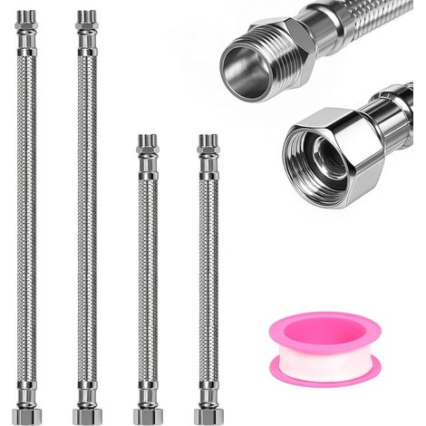 Lot de 4 tuyaux flexibles blindés en acier inoxydable 304 30 cm/20 cm Raccord de 3/8" et filetage extérieur - Rallonge flexible pour robinet d'angle - Chauffe-eau (1/5)