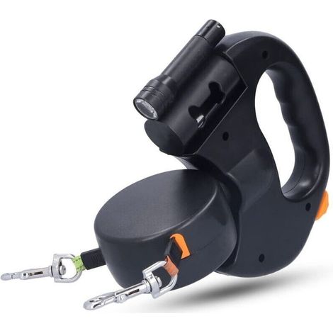 Laisse Double pour 2 Chiens,Laisse Chien Enrouleur pour Chien Jusqu'à 25kg/55 lb,Ruban en Nylon Solide Extensible à 3M, avec Coutures réfléchissantes Lumineuses,360º sans Enchevêtrement