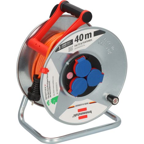 Brennenstuhl – Enrouleur électrique 40m – 3 prises de courant IP44 – Câble Bremaxx résistant aux UV et à l'huile – Pour extérieur – Tôle d'acier galvanisée