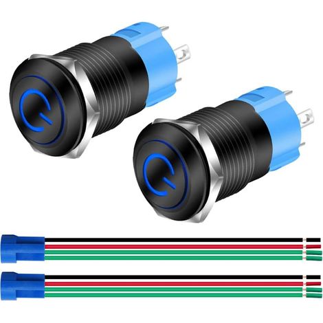 Interrupteur à Bouton Poussoir à Verrouillage Noir en Métal 12 mm 12 V-24 V 3 A Symbole d'alimentation LED 1NO1NC SPST on Off Interrupteur à Bascule Etanche avec Prise de Fil (LED Bleue) (1/5)