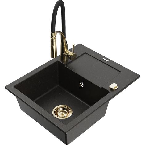 Mexen Enzo lavello in granito a 1 vasca con gocciolatoio e rubinetto da cucina Aster, nero/oro metallizzato - 6506-75-73450-57-G (1/5)