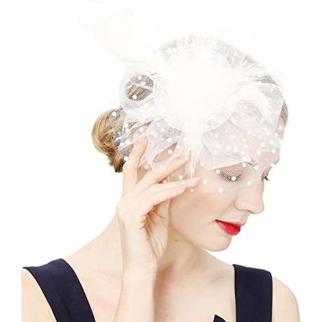 Dos diademas metálicas con clip, estampadas con lunares y adornadas con flores de malla y plumas - blancas (1/5)