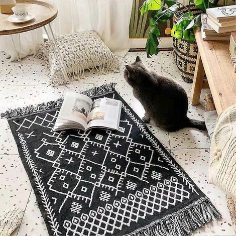 Boho-Badematte (1 Stück), schwarz-weißer Küchenteppich, waschbarer Ethno-Teppich mit geometrischen marokkanischen Fransen, Landhausstil (1/5)