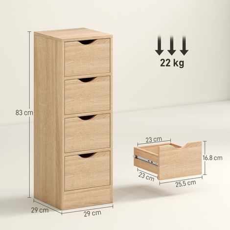 Meuble de salle de bain gain de place de style scandinave avec quatre tiroirs et poignées sculptées, 29x29x83cm, en bois naturel. (1/5)