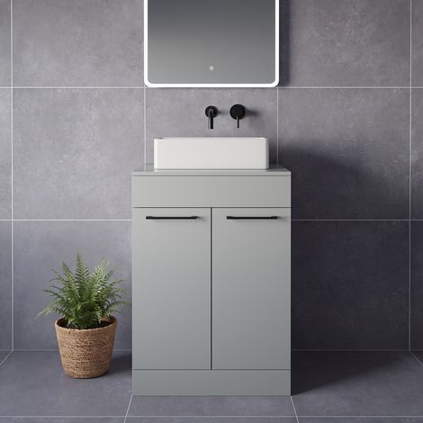 Napoli 460 Gloss Grey Pearl 600mm 2 Door Vanity Unit for Countertop Basins - 600mm - Matt Black 160mm Handle
