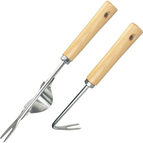 2 pièces Désherbeur Manuel en Acier Inoxydable avec Manche Bois Ergonomique - Arrache-Racine et Gouge de Jardin pour Éliminer les Mauvaises Herbes dans Jardins, Paysages, Potagers