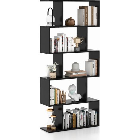 5-Tier Bookshelf Geometric S-Shaped Bookcase Modern Display Shelf-Black (1/5)