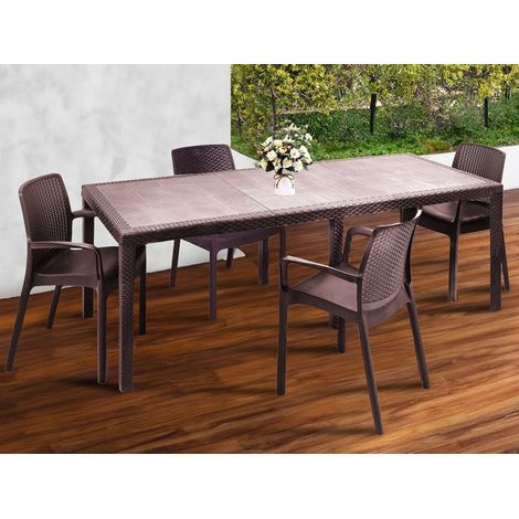 Dmora - Conjunto de mesa y sillas Manarola, estante rectangular extensible para exterior con 4 sillas incluidas, mesa y asientos de jardín efecto ratán, 100% Made in Italy, Marrón, con embalaje reforz (1/3)