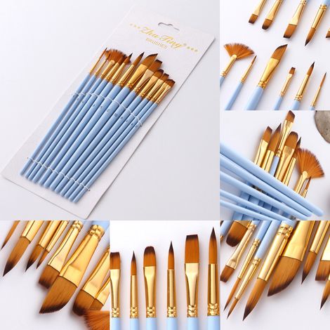 Ensemble de 12 pinceaux à gouache en nylon bleu mat, pour aquarelle et peinture à l'huile. (1/5)