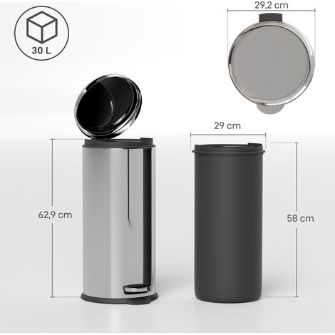 Poubelle à pédale, poubelle automatique avec couvercle intérieur amovible, capacité 30 L, acier inoxydable, Ø 29,2 x 62,9 cm, argent (1/5)